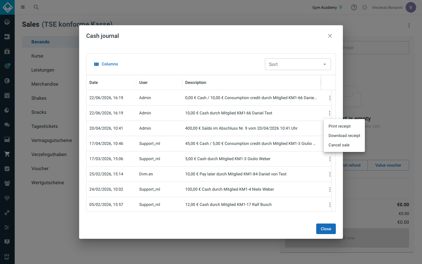 Cash journal modal, a sale transaction row hovered showing the row menu with 'Print receipt' and 'Cancel sale'