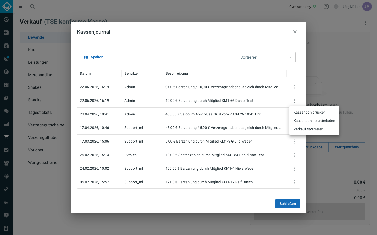 Kassenjournal-Modal, Cursor über einer Verkaufszeile, Zeilenmenü mit 'Kassenbon drucken' und 'Verkauf stornieren'