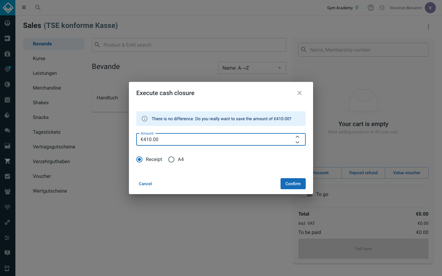 Execute cash closure dialog (Cash position field + Receipt/A4 format choice)