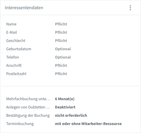 Konfiguration der Interessentendaten-Felder für die Online-Buchung