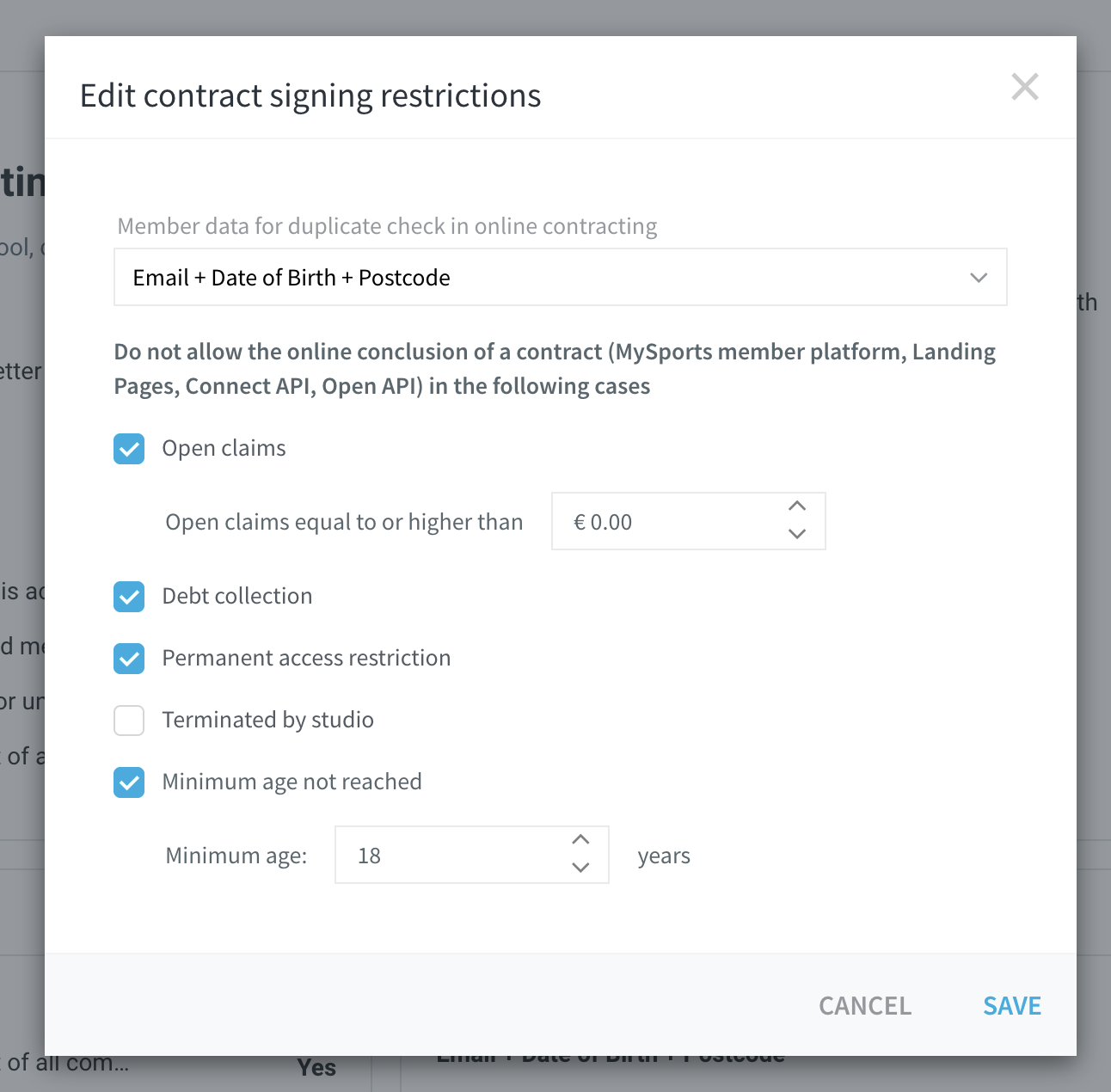 Edit online contract signing restrictions modal showing the conditions incl. 'Minimum age not reached'