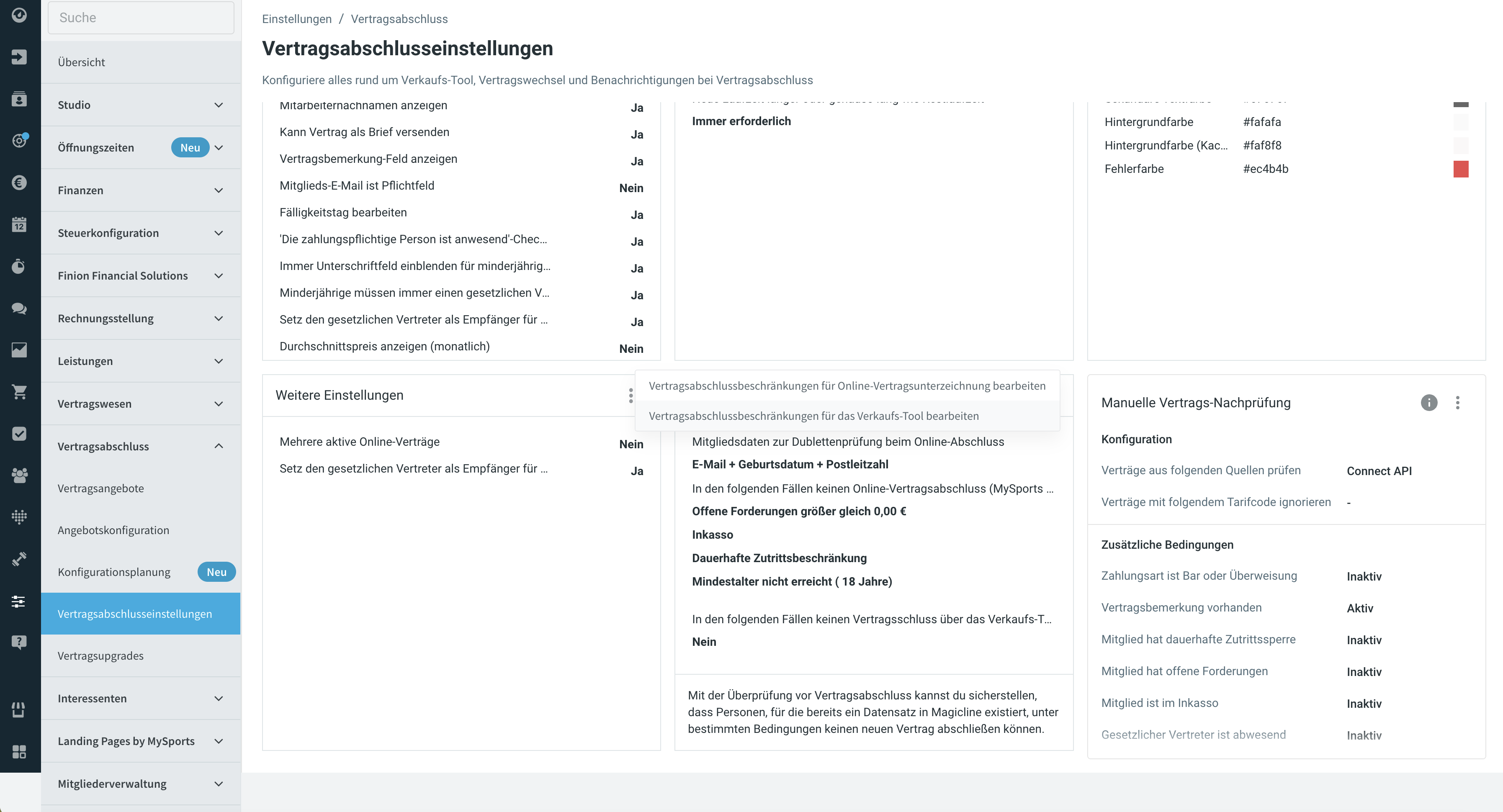 Tile 'Überprüfung vor Vertragsabschluss' mit geöffnetem Drei-Punkte-Menü (zwei Bearbeiten-Aktionen)