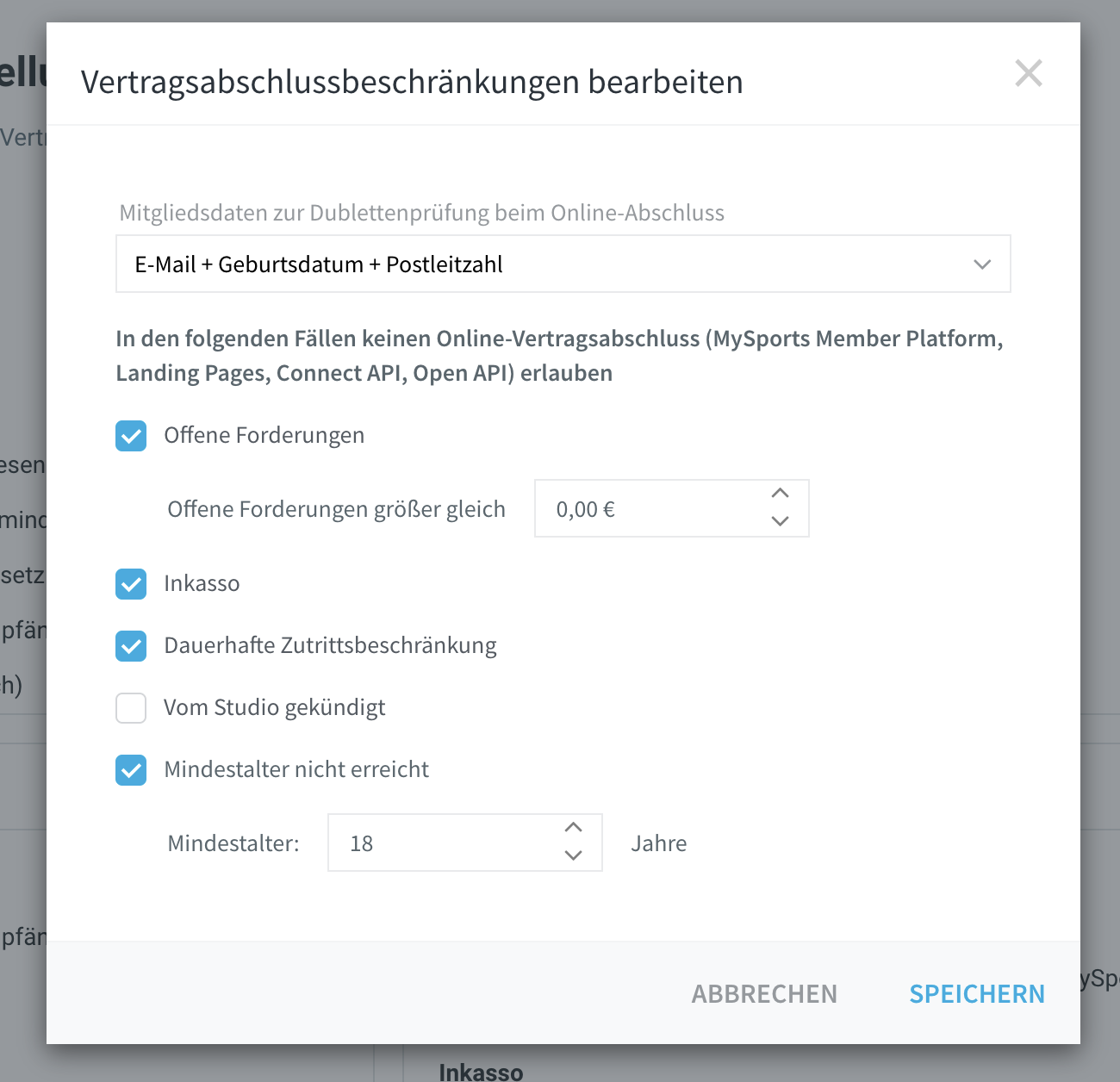 Modal 'Vertragsabschlussbeschränkungen für Online-Vertragsunterzeichnung bearbeiten' mit den Bedingungen inkl. 'Mindestalter nicht erreicht'