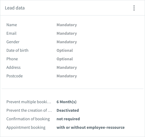 Lead data fields config for online booking