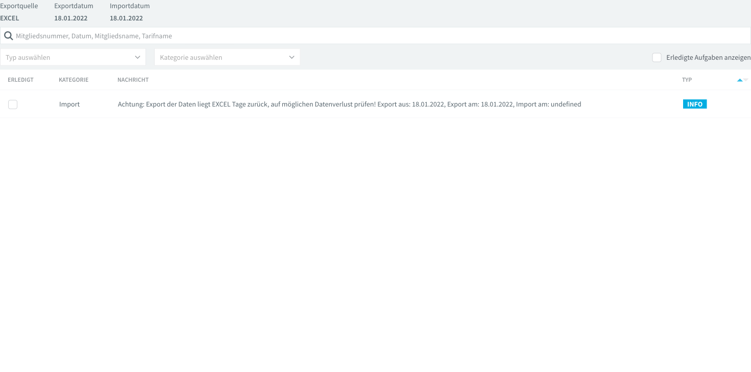 Systemnachrichten-Liste mit Typ-/Kategoriefilter und Suche
