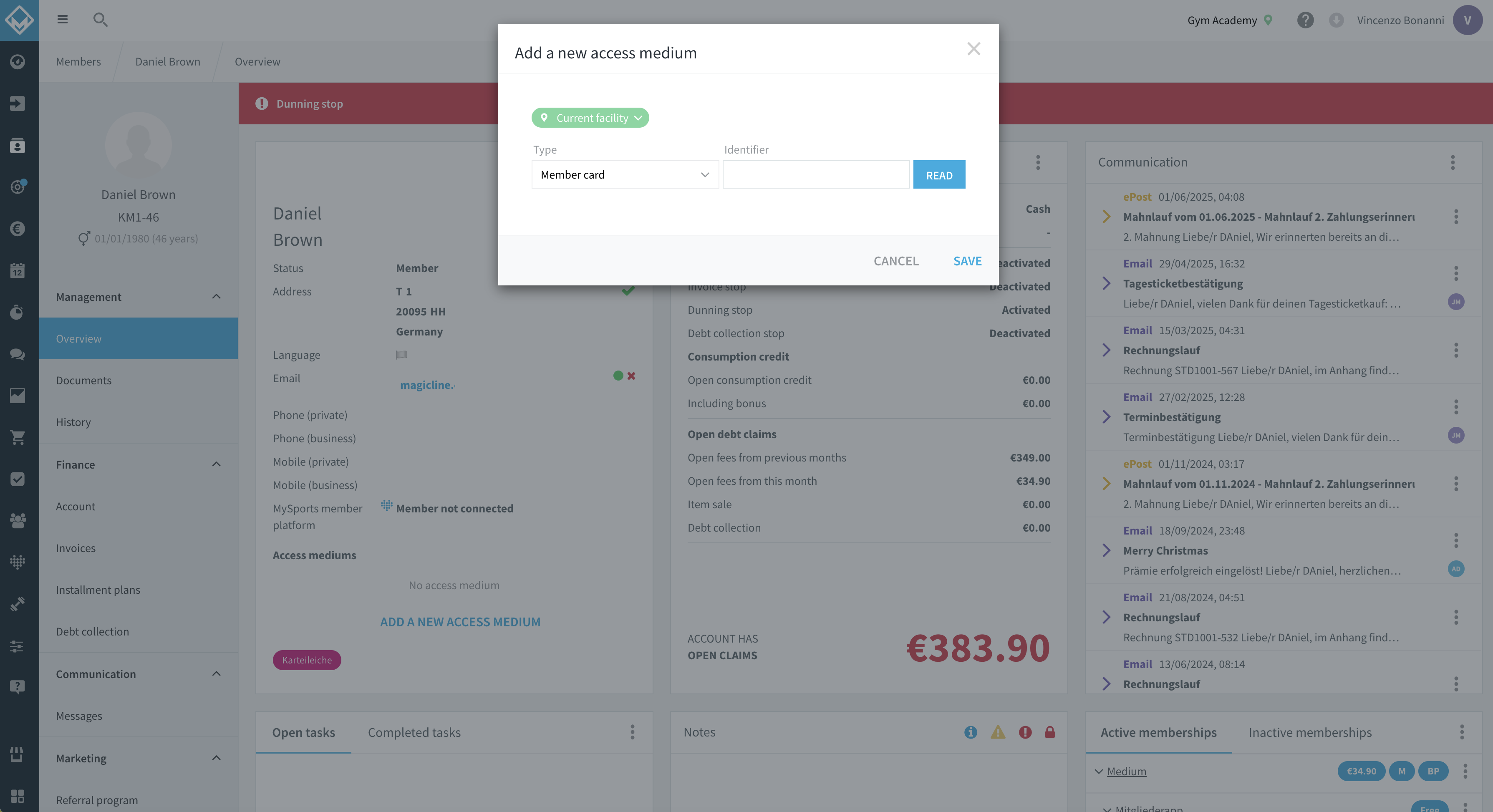 Member profile 'Access mediums' section with 'Add a new access medium' action