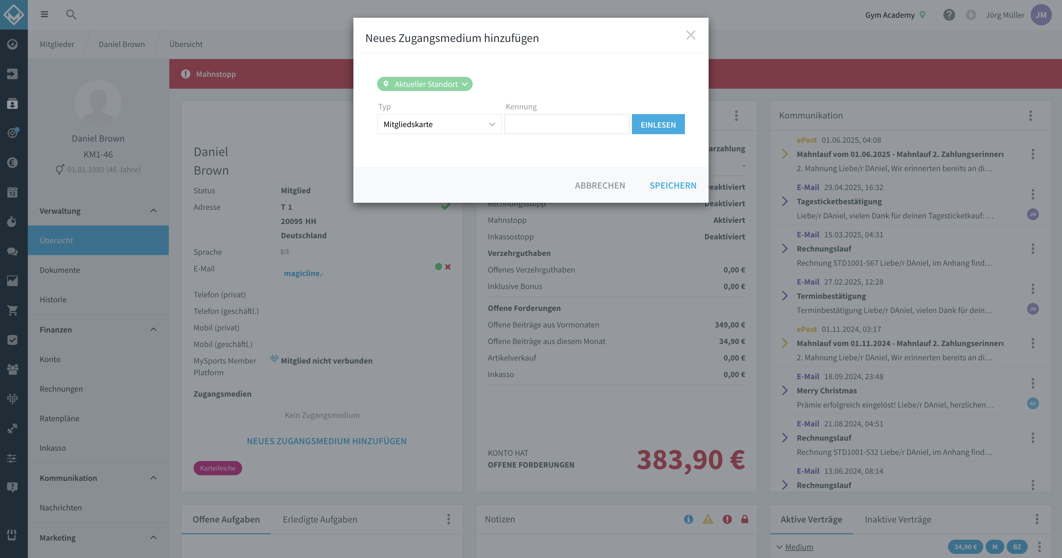 Mitgliederprofil, Abschnitt 'Zugangsmedien' mit Aktion 'Neues Zugangsmedium hinzufügen'