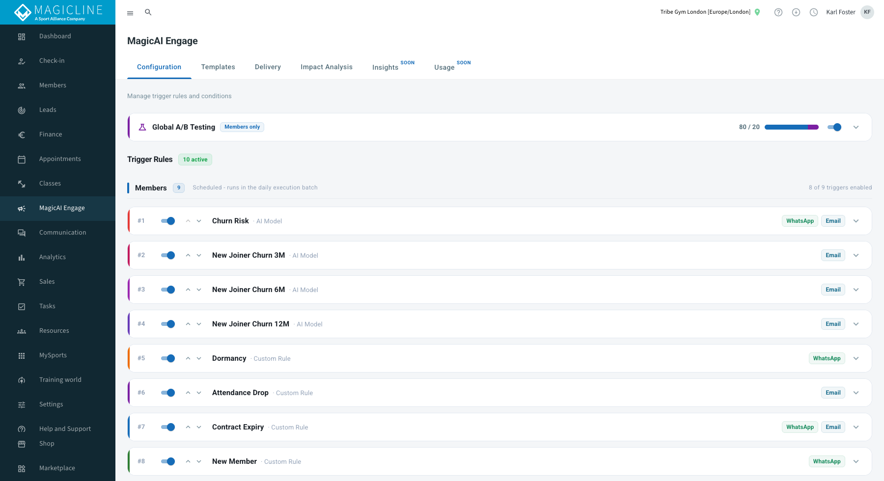 The Configuration tab: trigger rules grouped by audience, each rule showing its type and channels.