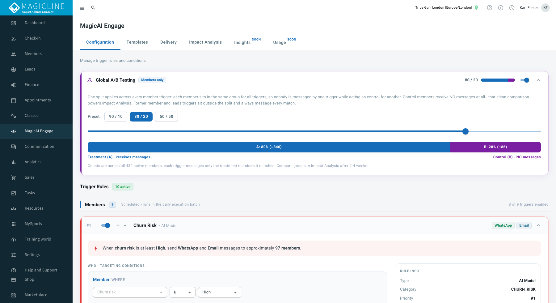 The rule editor for the Churn Risk rule: WHO conditions, HOW channels, WHEN cooldown, and A/B test, with a live audience count.