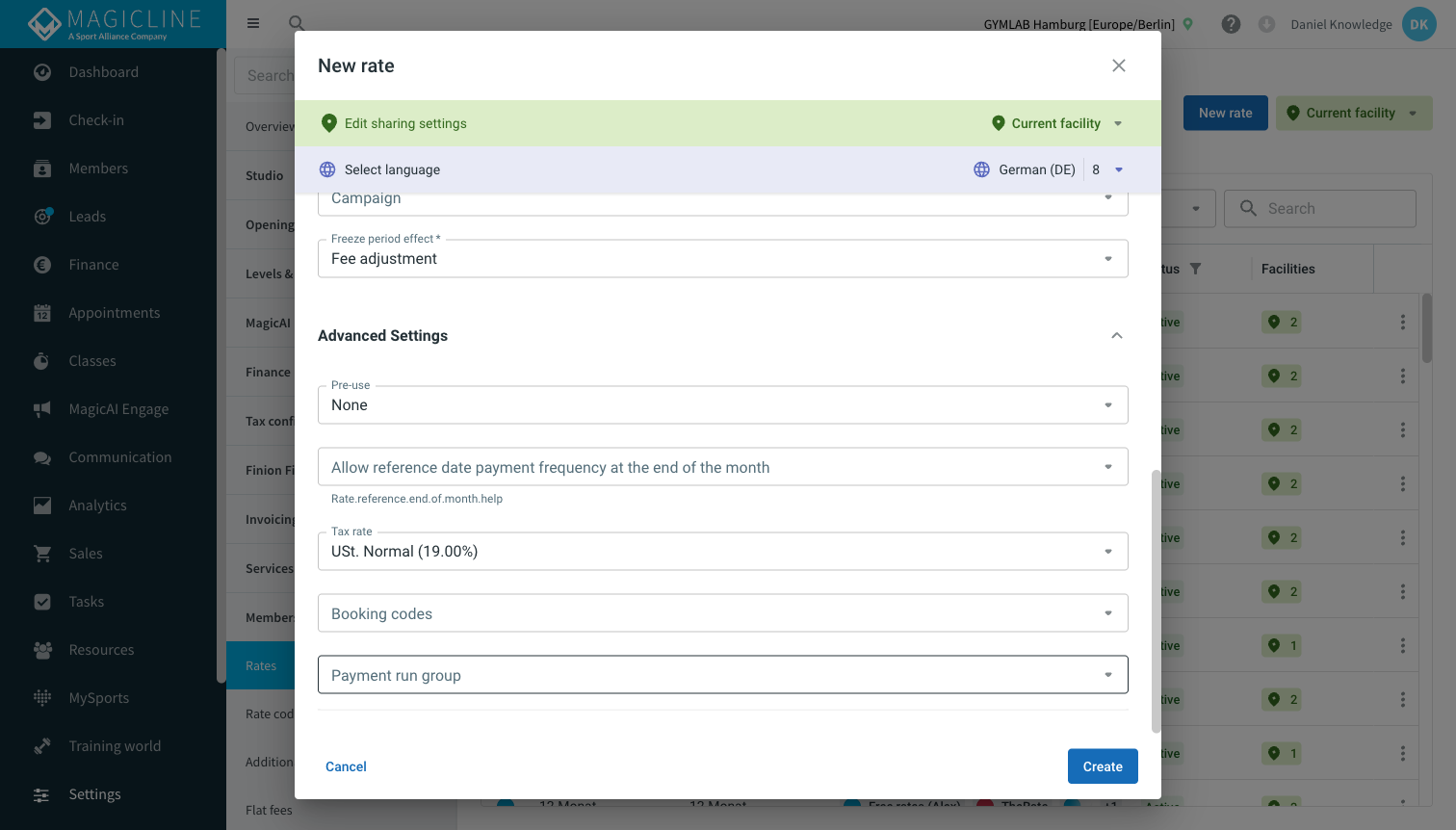 Create rate - Advanced settings