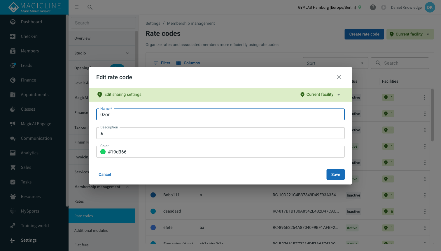 Create rate code dialog with sharing settings