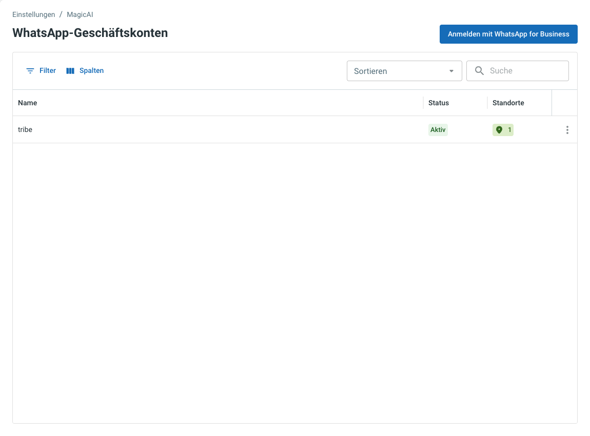 Die Seite WhatsApp-Geschäftskonten unter Einstellungen / MagicAI mit der Verbindungsliste und dem Button Anmelden mit WhatsApp for Business.