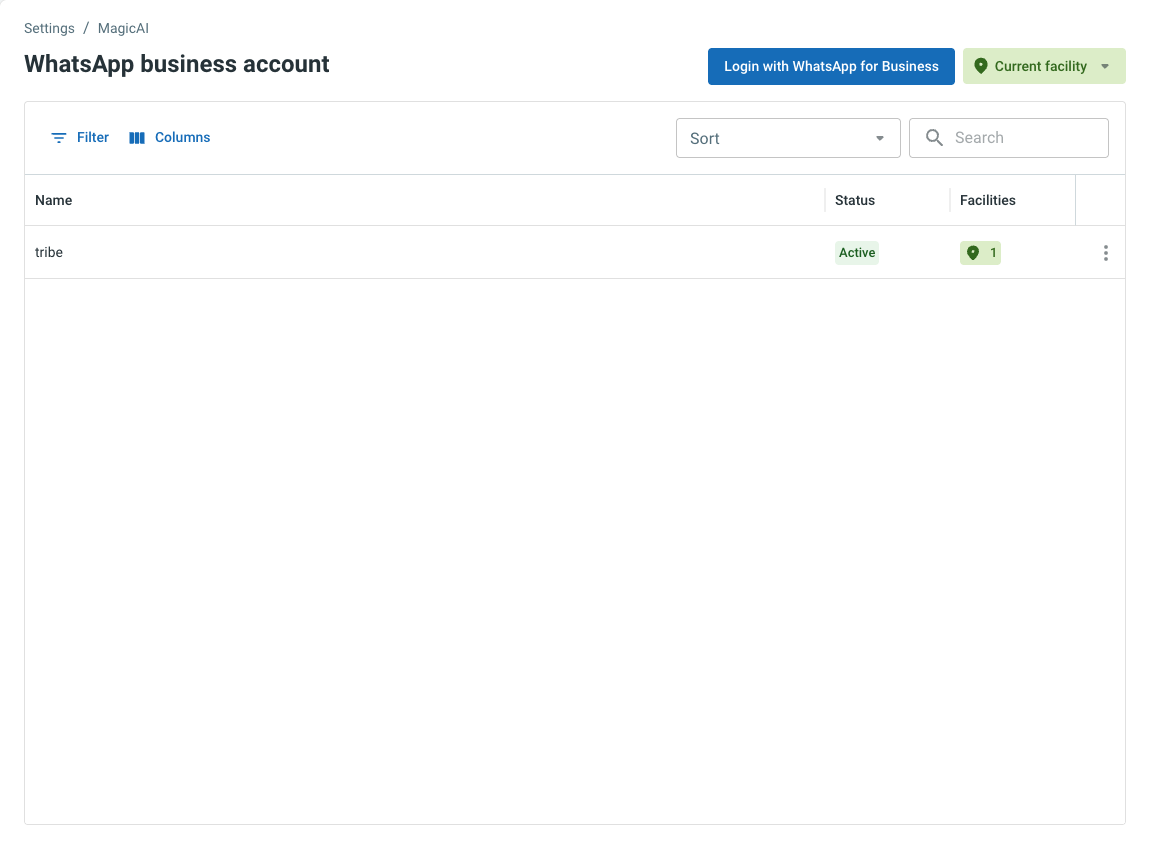 La page WhatsApp comptes d'entreprise dans Paramètres / MagicAI, avec la liste des connexions et le bouton Se connecter avec WhatsApp for Business.