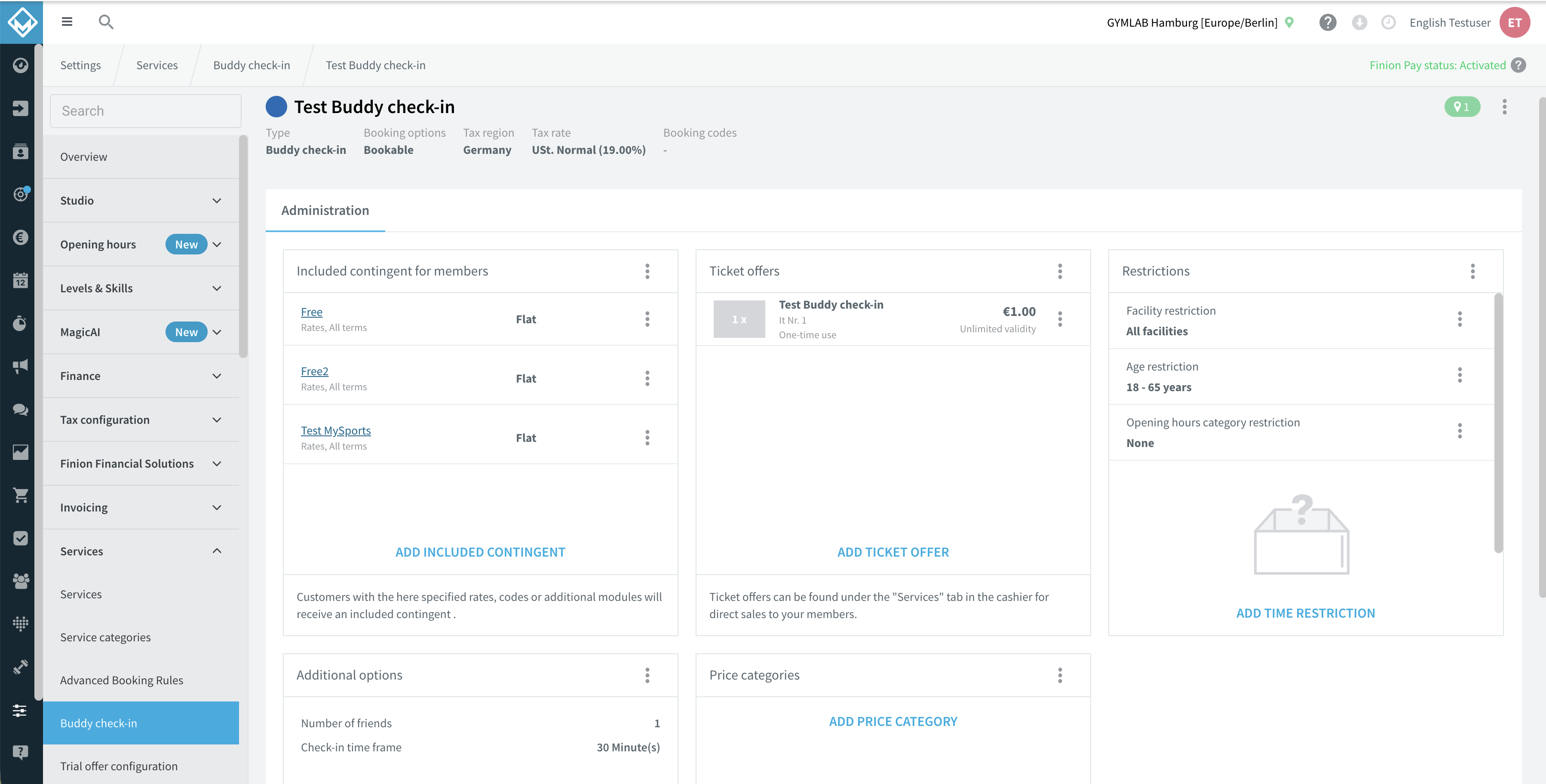 Buddy check-in detail page showing included contingents, ticket offers, restrictions and additional options