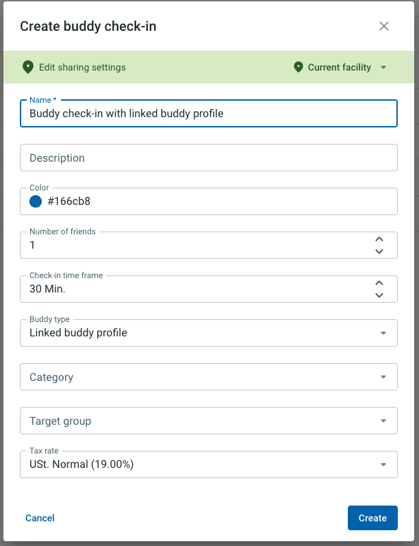 Dialog „Buddy Check-in anlegen“ mit Buddy-Typ „Verknüpftes Buddy-Profil“
