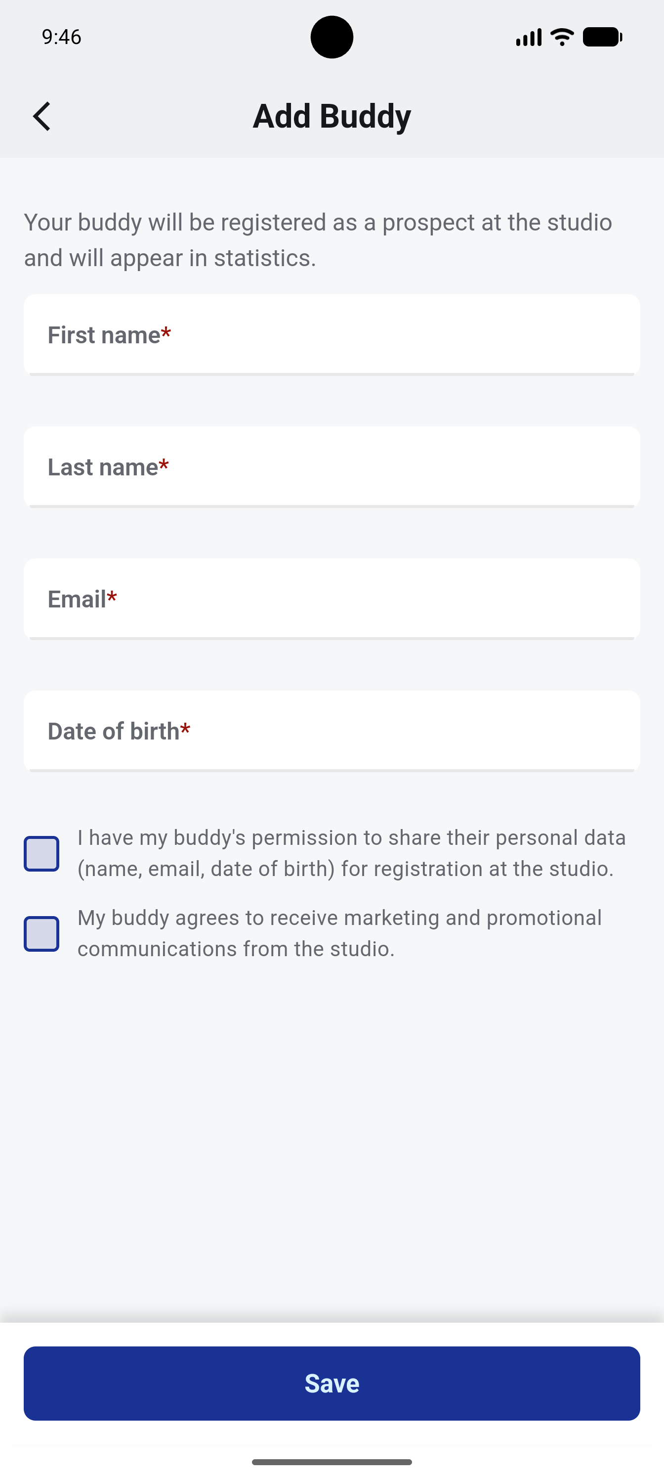 Formular „Buddy hinzufügen“ mit Vorname, Nachname, E-Mail, Geburtsdatum und Einwilligungs-Checkboxen