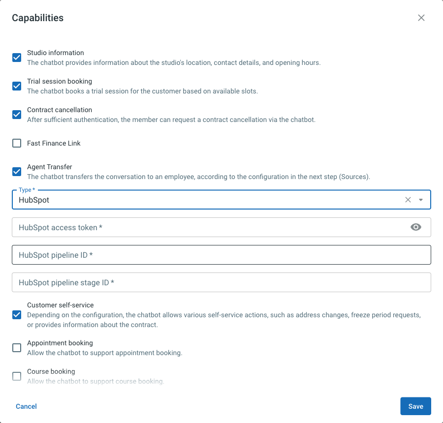 Capabilities dialog with Agent Transfer selected and Type HubSpot, showing the HubSpot access token, pipeline ID and pipeline stage ID fields.