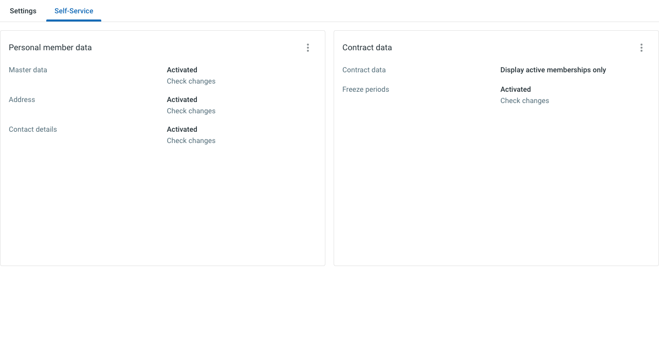 Self-Service tab with the cards Personal member data (Master data, Address, Contact details) and Contract data (Contract data, Freeze periods).