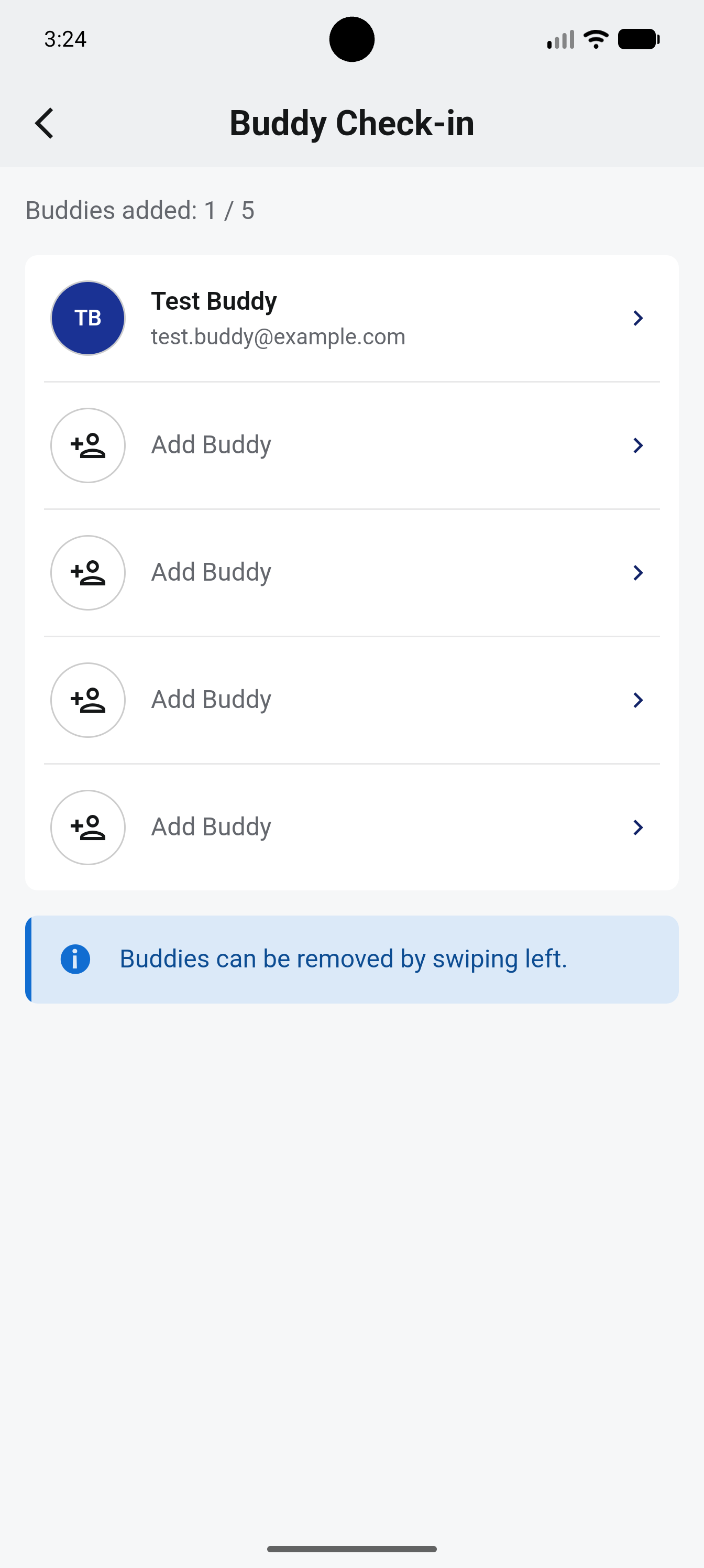Pantalla de buddy check-in en la app con buddies añadidos y espacios libres para añadir