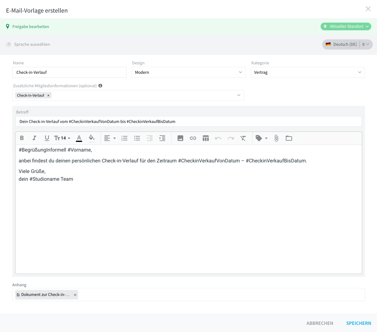Editor für E-Mail-Vorlagen mit dem unter Zusätzliche Mitgliedsinformationen ausgewählten Eintrag Check-in-Verlauf, den Platzhaltern #CheckinVerkaufVonDatum und #CheckinVerkaufBisDatum im Betreff sowie dem Anhang Dokument zur Check-in-Historie