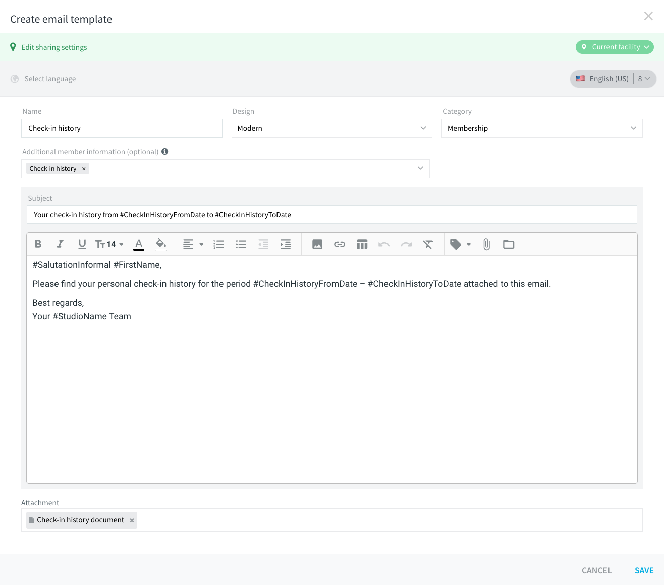 Email template editor with Check-in history selected under Additional member information, the placeholders #CheckInHistoryFromDate and #CheckInHistoryToDate in the subject, and the Check-in history document attachment