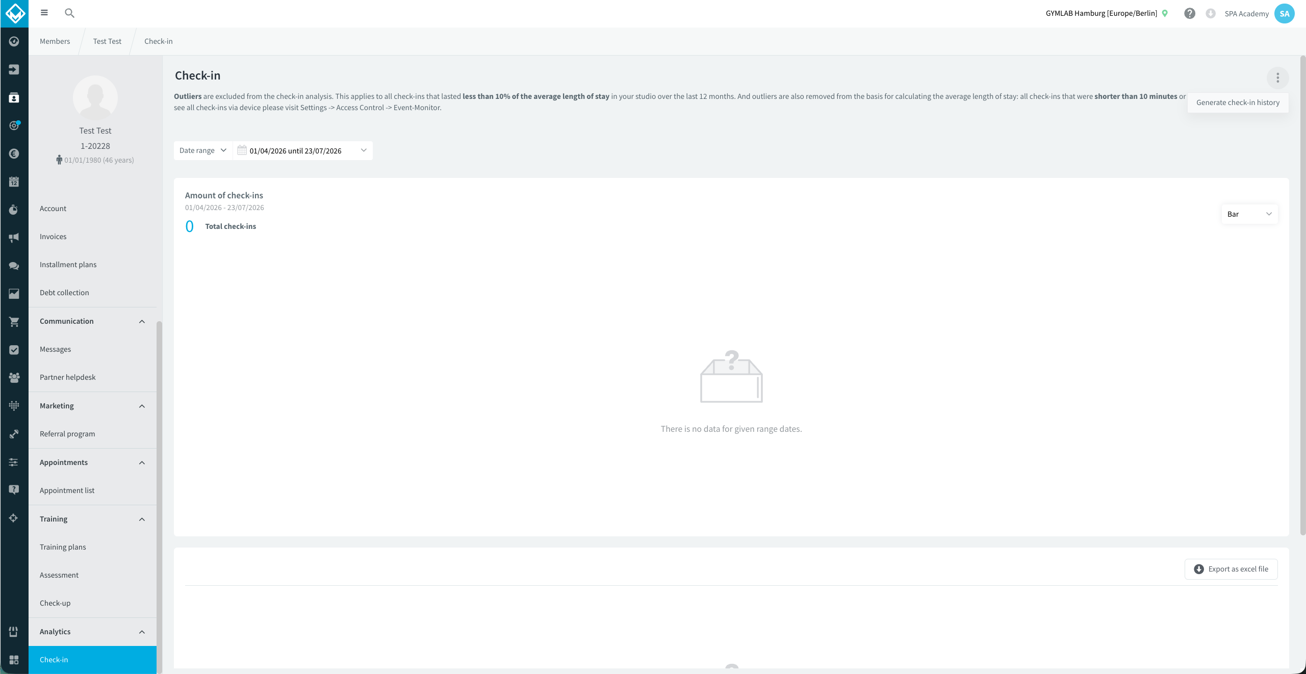 Check-in section of the member profile with the more actions menu open and the Generate check-in history option