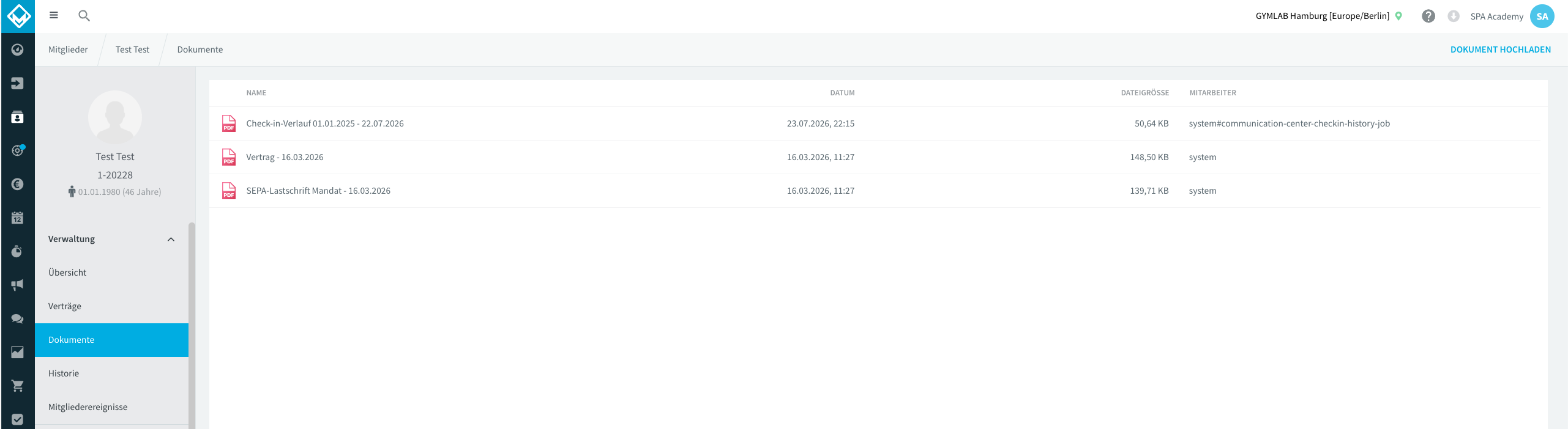 Erste Seite des erzeugten Check-in-Historie-PDF mit dem Mitglieder-Header und den ersten Check-in-Zeilen