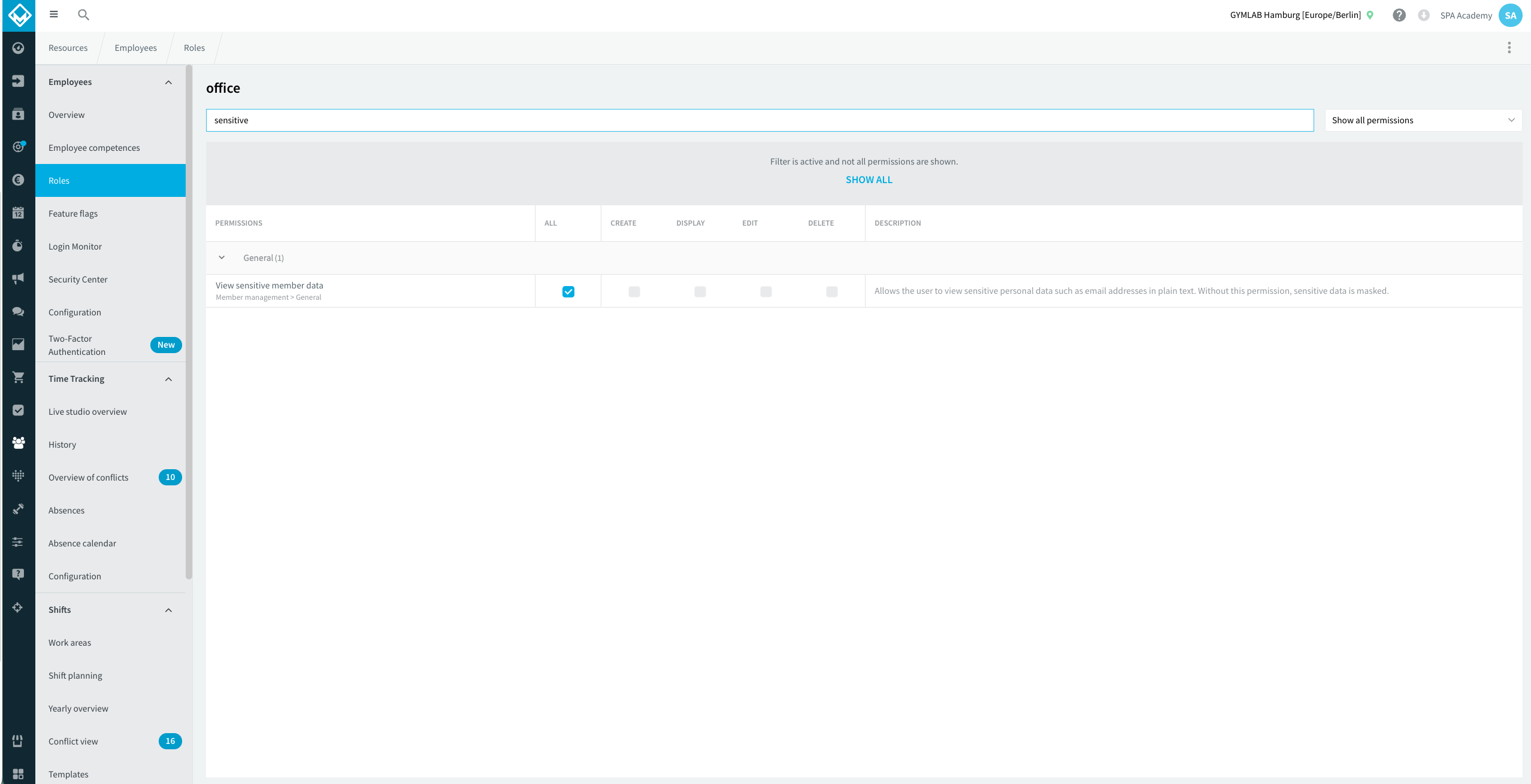 Roles screen with the enabled permission "View sensitive member data" in the General group (Member management)