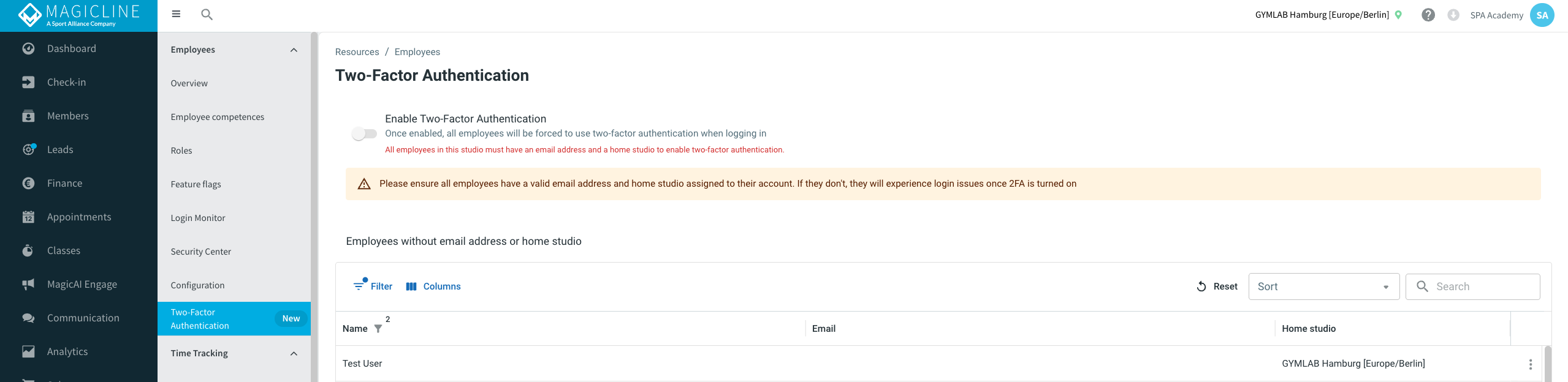 página 'Two-Factor Authentication' con el interruptor de activación.