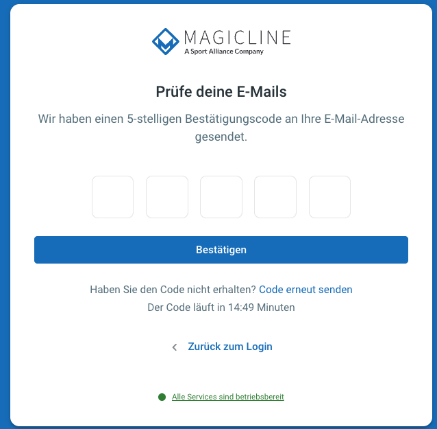 Anmeldeseite „Prüfe deine E-Mails' mit Feld „Authentifizierungscode'.
