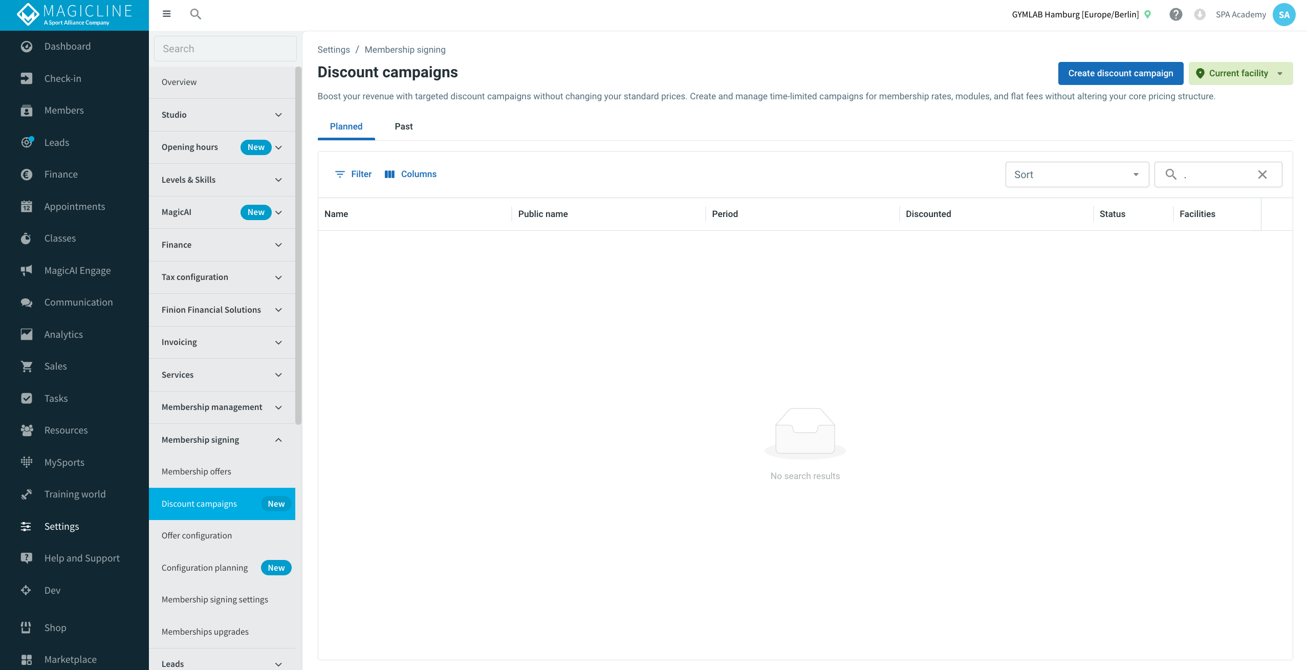 Discount campaigns list view (empty state), Settings / Membership signing