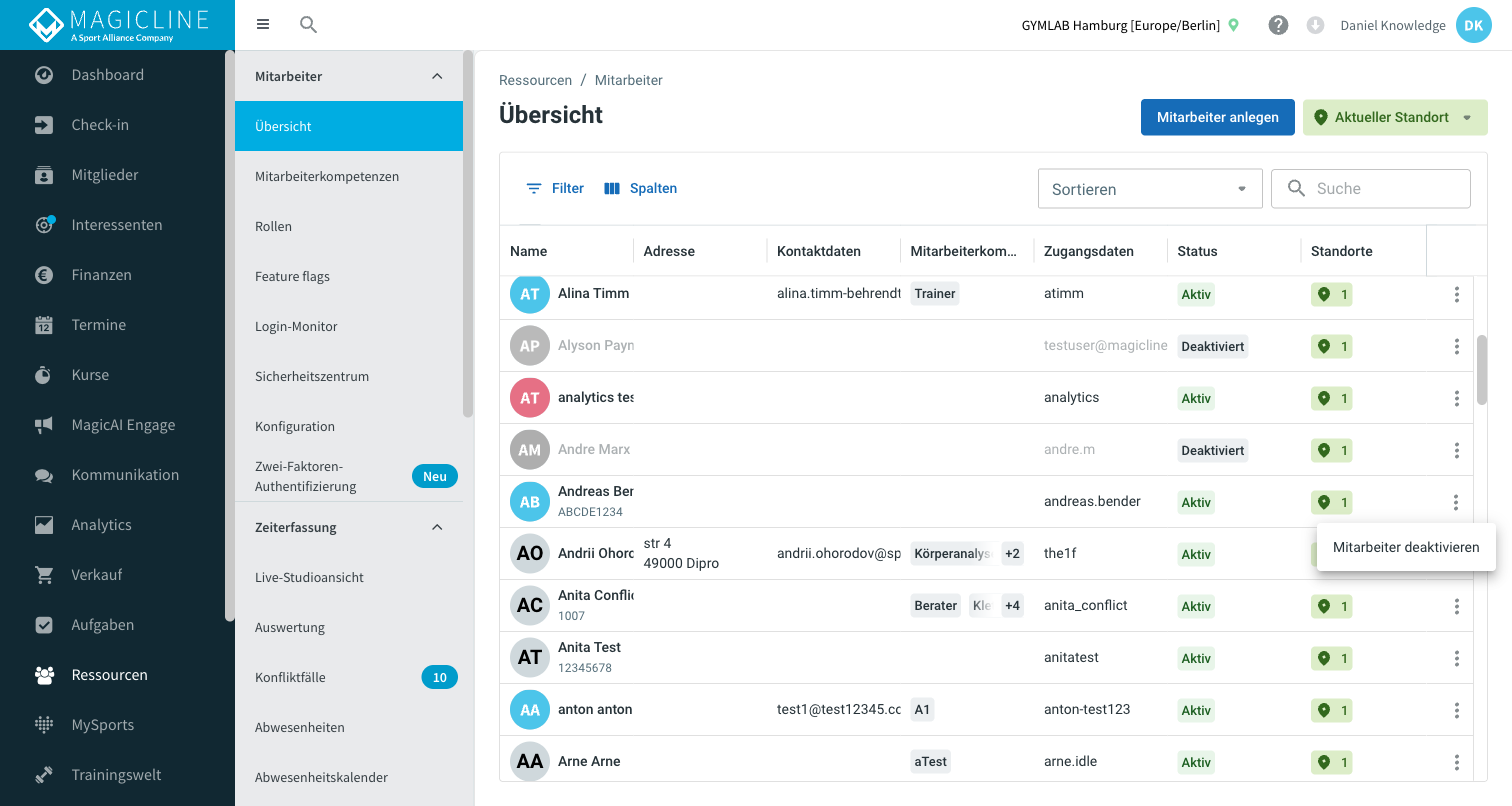 Employee context menu