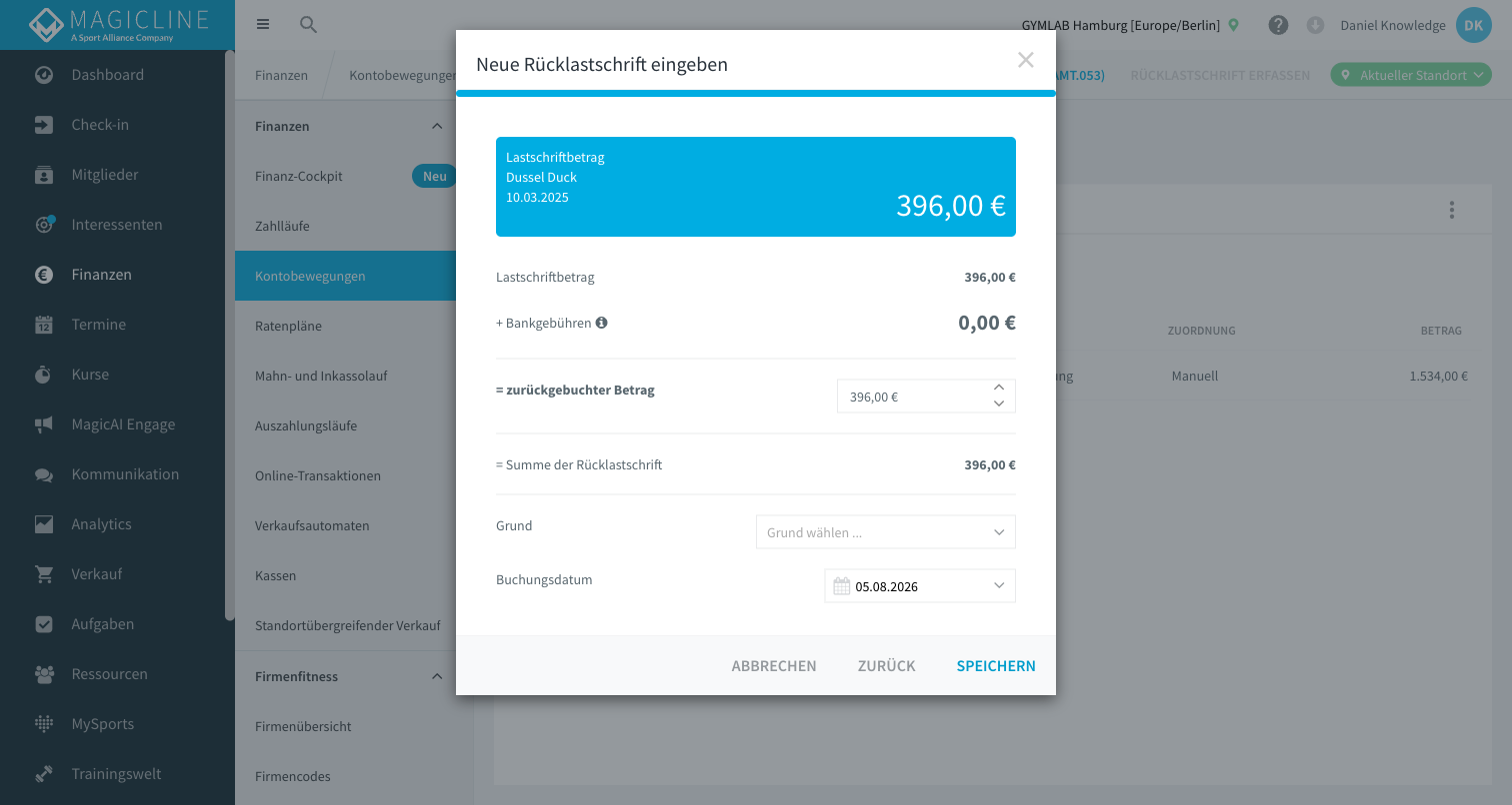 Betrag, Grund und Buchungsdatum