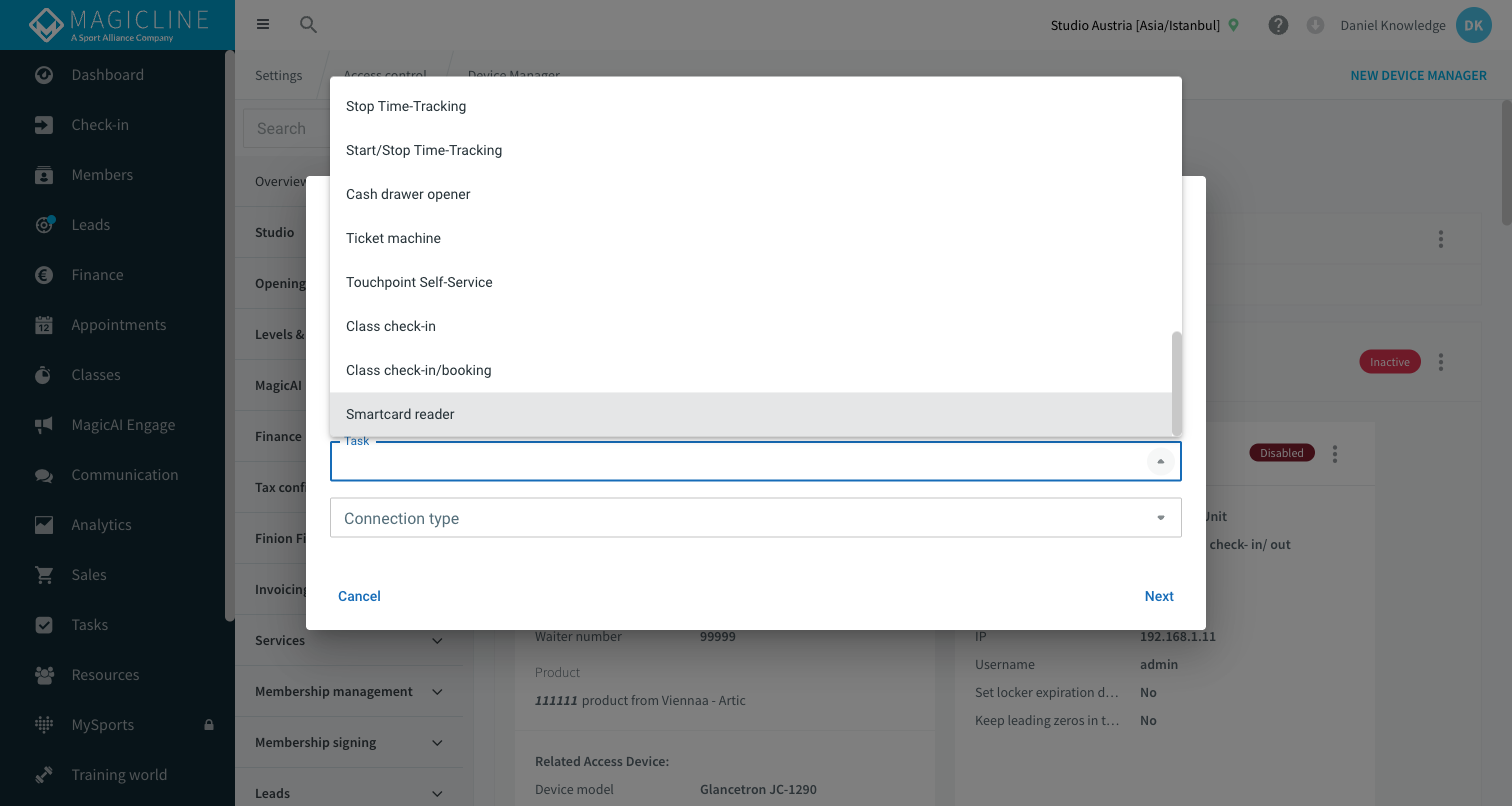 Device Manager task-selection dropdown showing the list of available device tasks, including Smartcard Reader