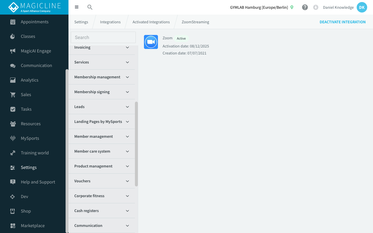 Activated Integrations detail page showing Zoom as Active, with the Deactivate integration link