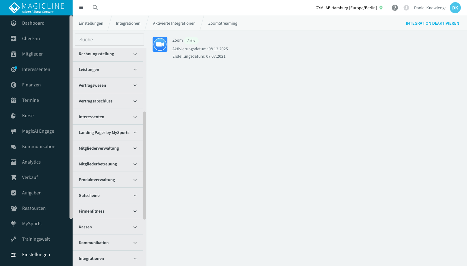 Detailseite der aktivierten Integration: Zoom mit Status Aktiv und dem Link Integration deaktivieren