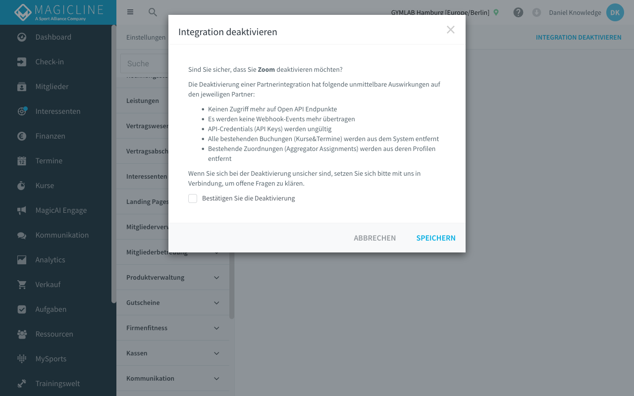 Bestätigungsdialog Integration deaktivieren mit Hinweis zu den Auswirkungen und Checkbox Bestätigen Sie die Deaktivierung