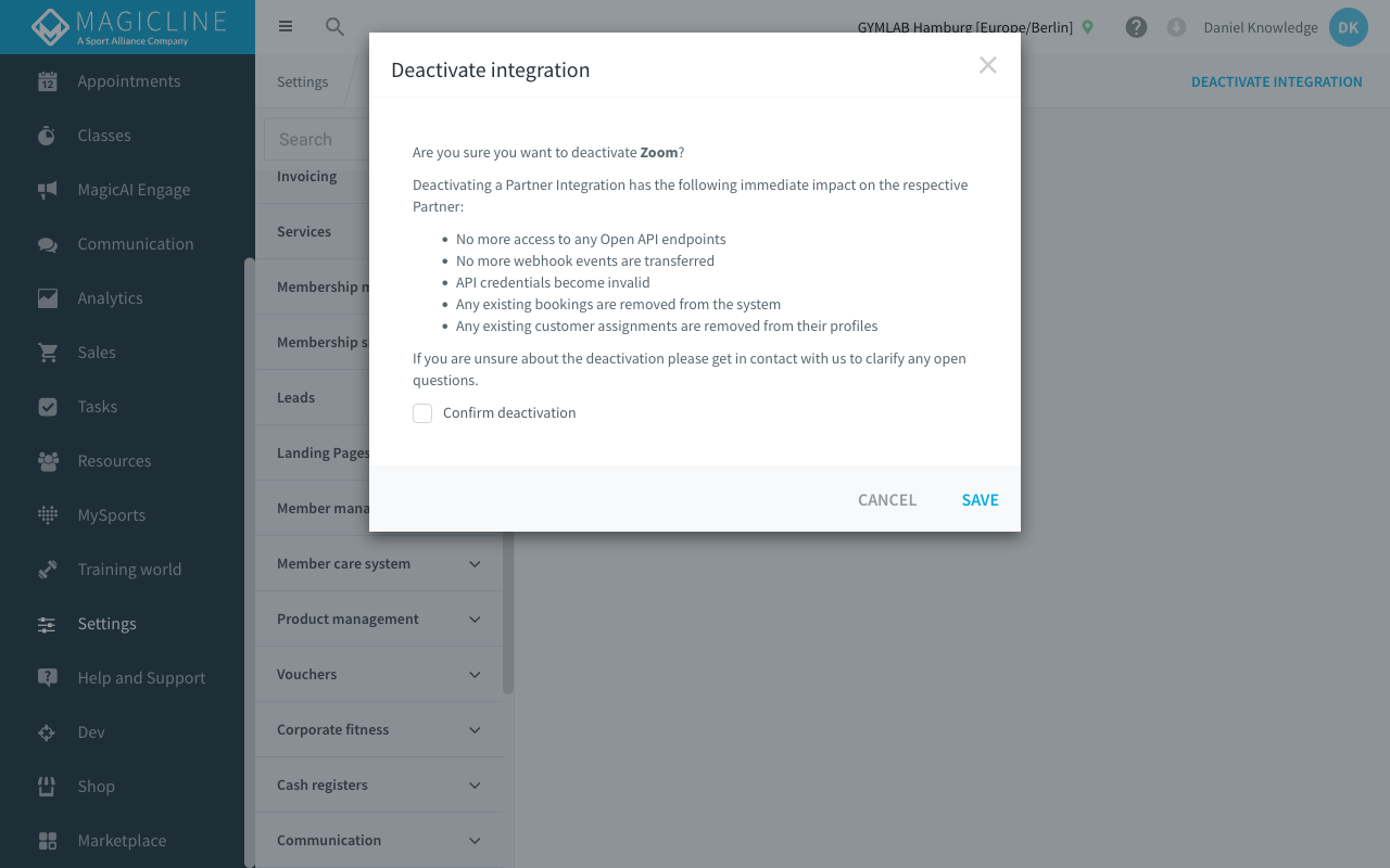 Deactivate integration confirmation modal with the impact notice and Confirm deactivation checkbox