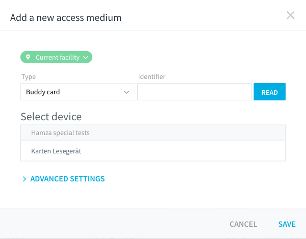Add a new access medium dialog with Type set to Buddy card