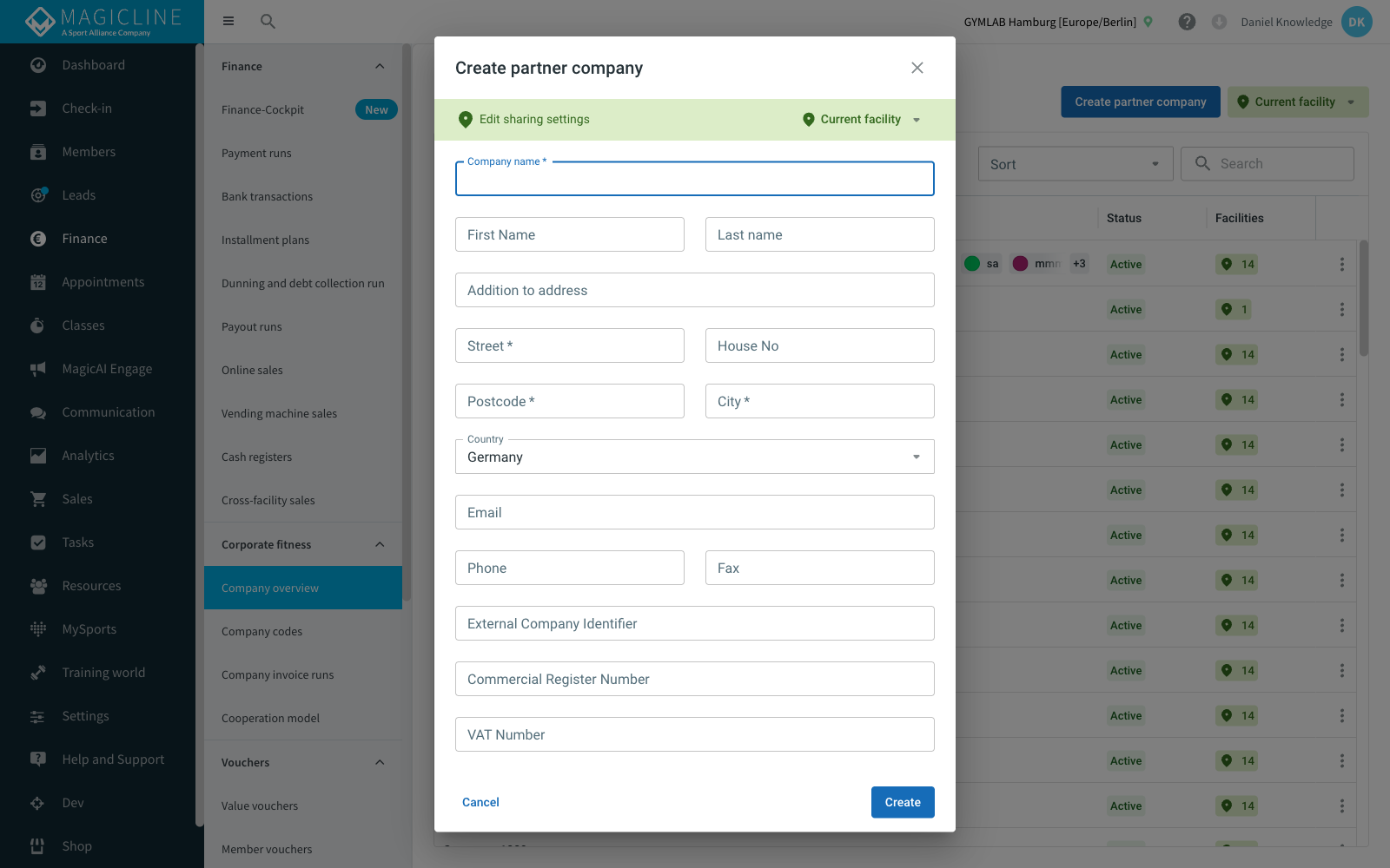Create partner company dialog