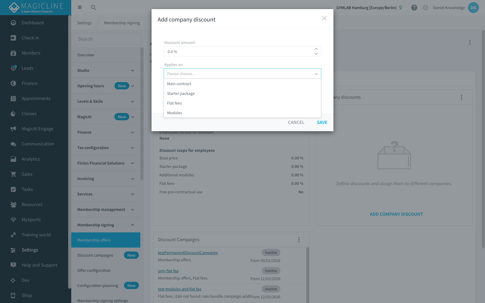 Applies on dropdown open showing Main contract, Starter package, Flat fees, Modules