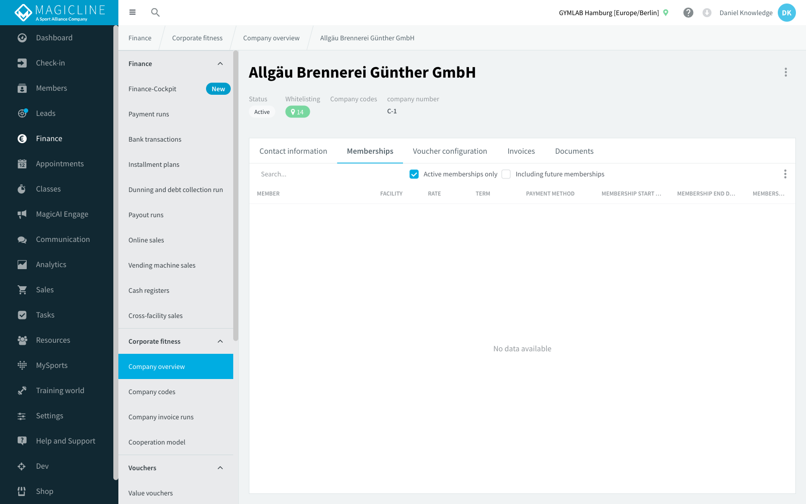 Company detail page, Memberships tab