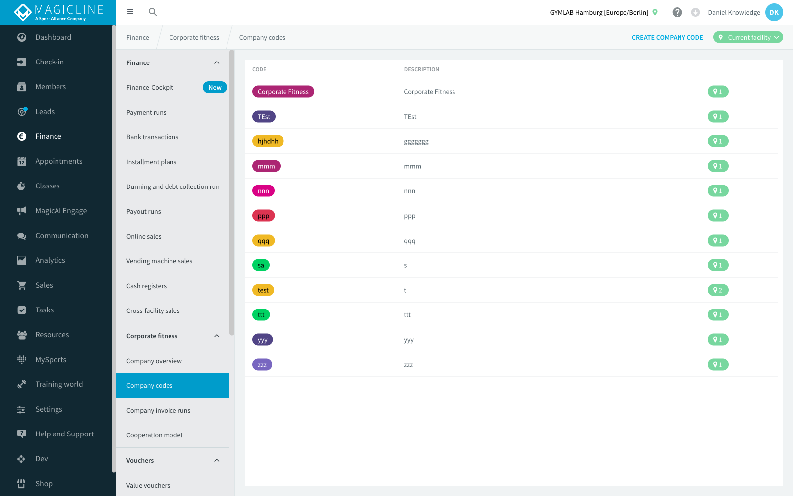 Company codes overview screen