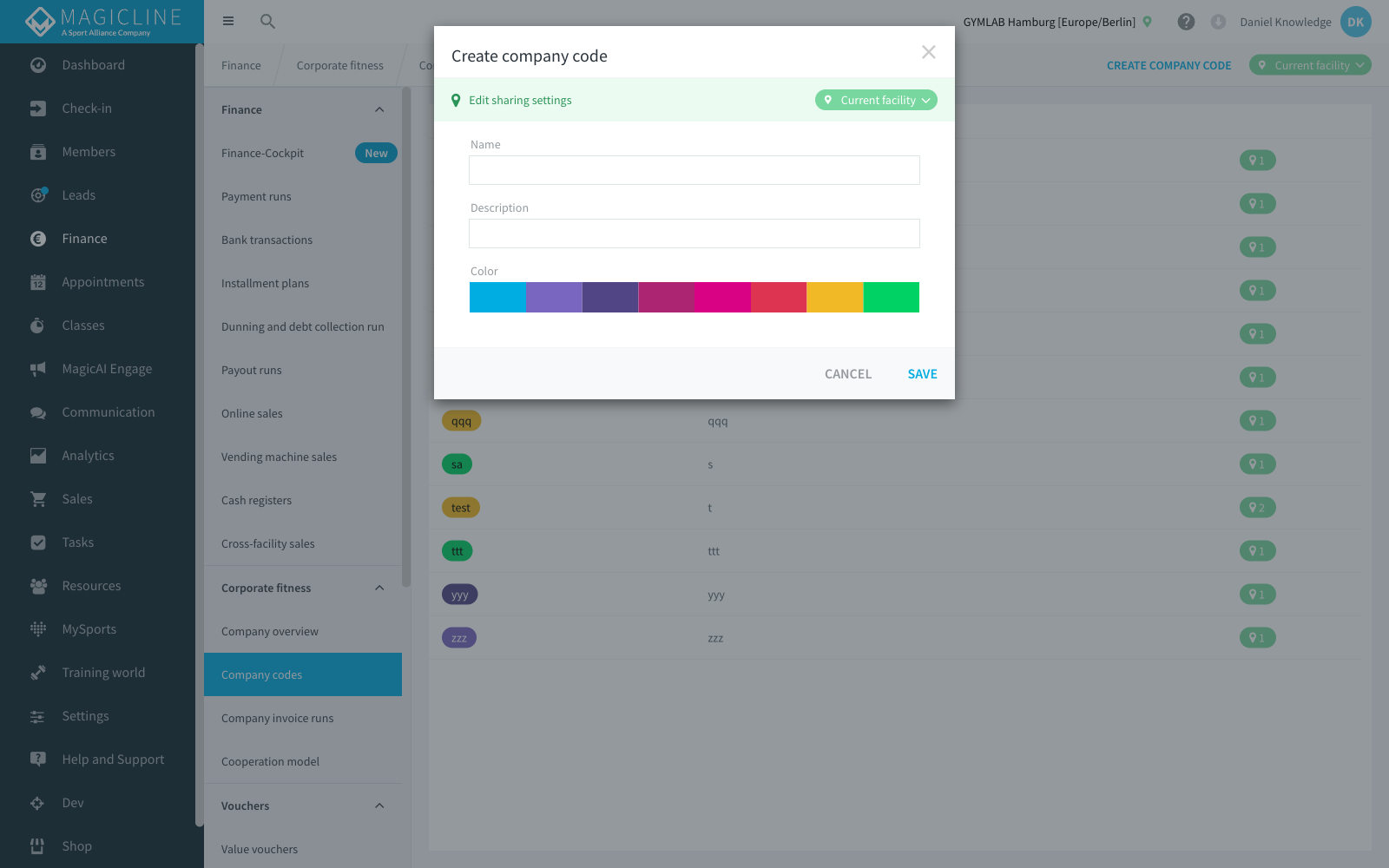 Create company code dialog
