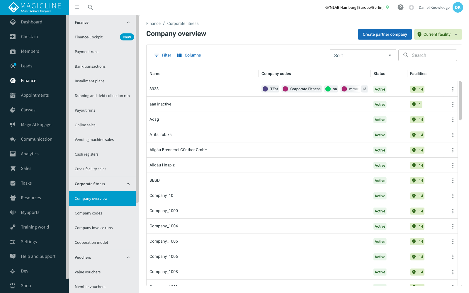 Company overview list with Create partner company button