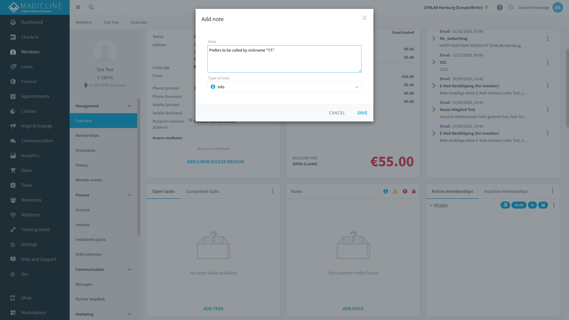 Add note dialog with text field and note type selector