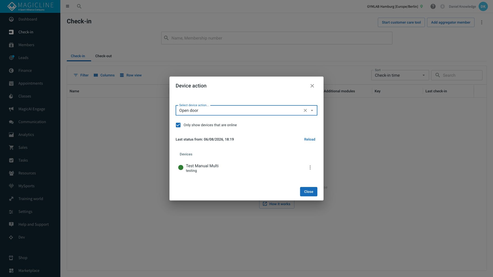 Open door dialog with device action preset and device list