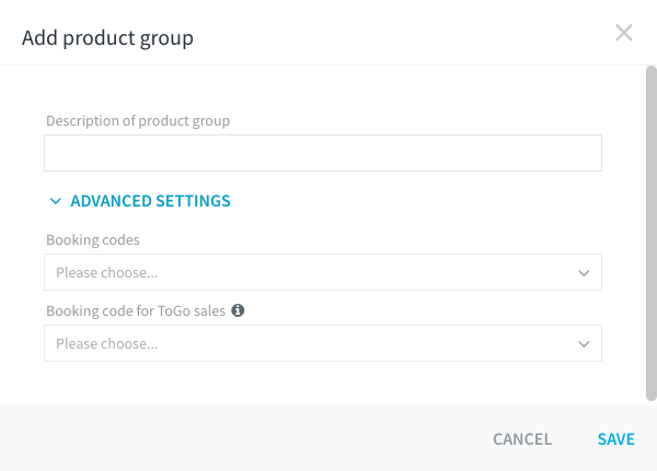 Add product group dialog with Advanced settings expanded showing the two booking-code fields
