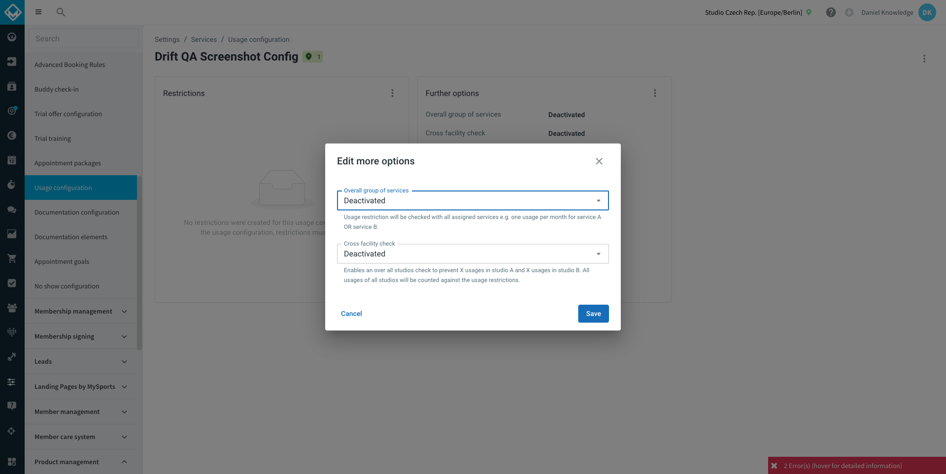 Ulteriori opzioni con i menu a discesa Configurazione complessiva dei servizi e Controllo incrociato delle strutture