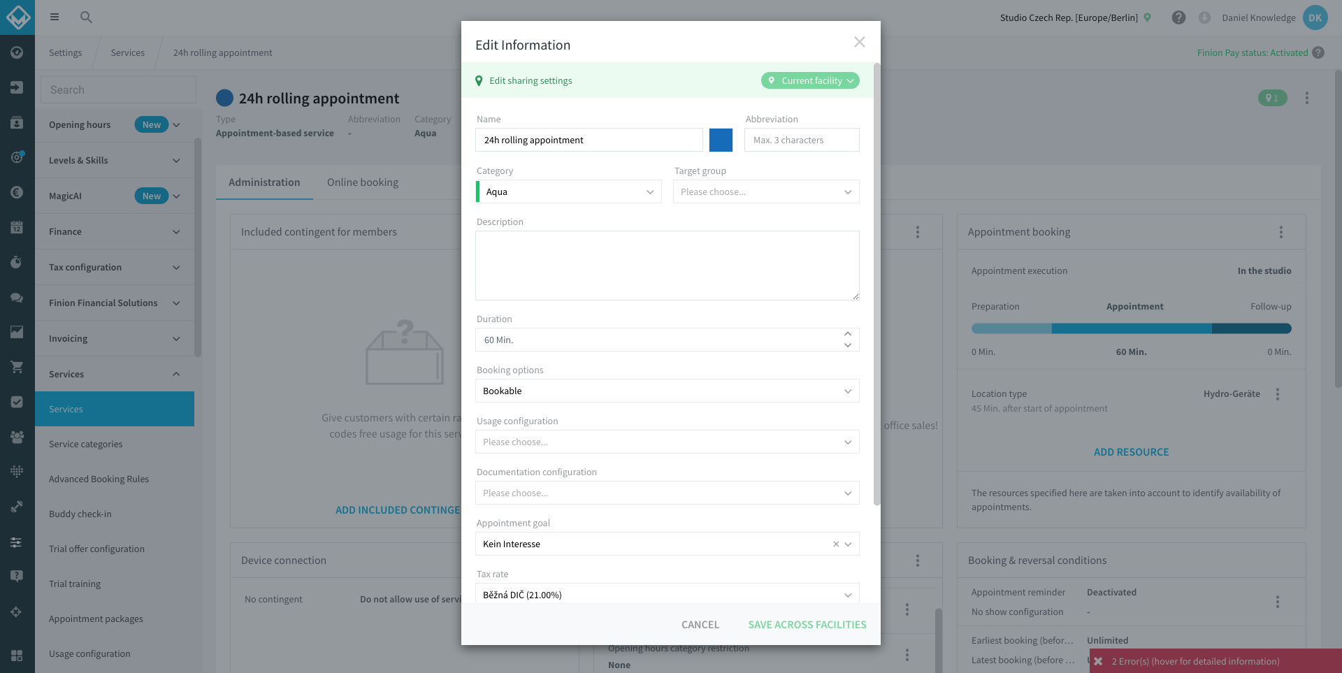 Vista Modificare le informazioni di un servizio con il campo della configurazione d'uso